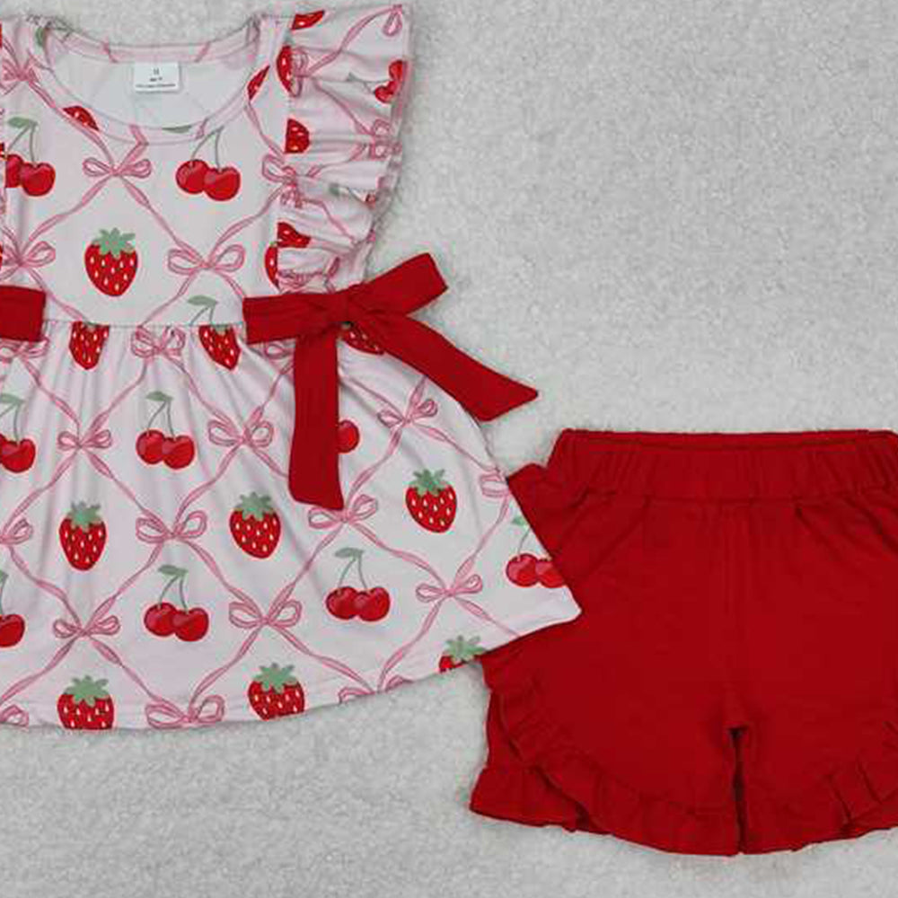 4.30 GSSO1640 RTS NO MOQ Baby Girls Pink Flutter Sleeves Bows Strawberry Print Tunic Ruffle Shorts Set