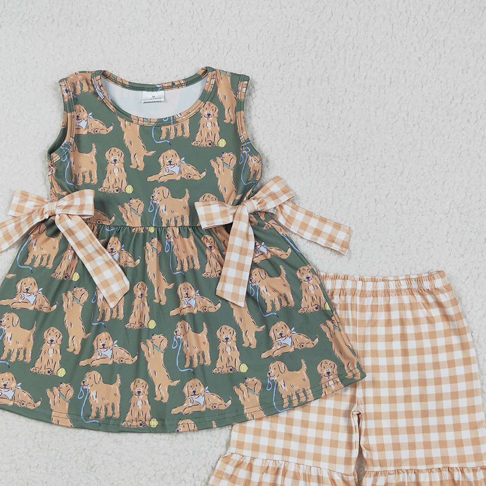 4.28 GSSO2449 RTS NO MOQ Baby Girls Summer Outfits Sleeveless dog tunic khaki shorts girls clothes