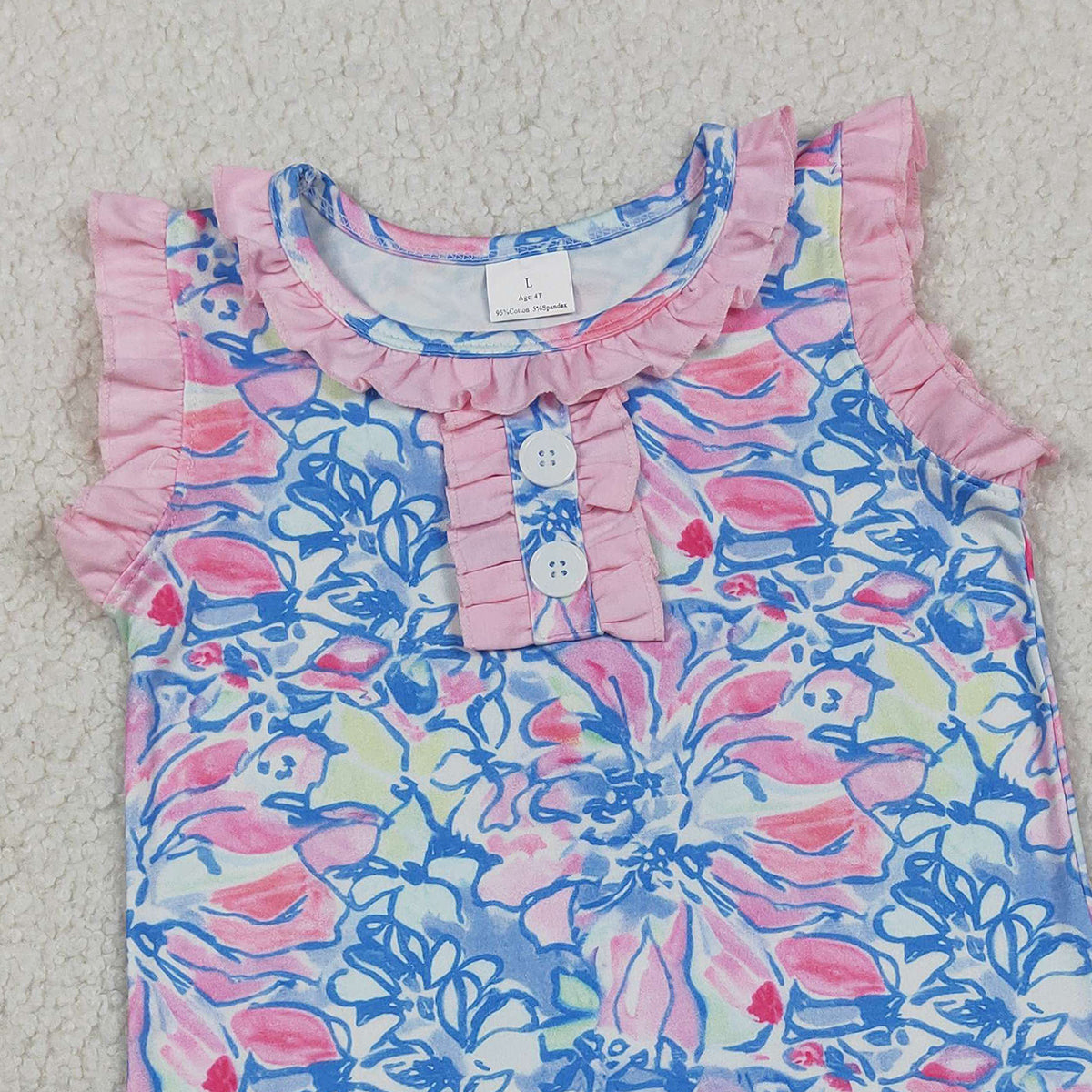 3.10 RTS NO MOQ (In stock)GSD3627 Kids Fashion Clothes Baby Girls Sleeveless Colorful Flowers Button Scallop Knee Length Dresses