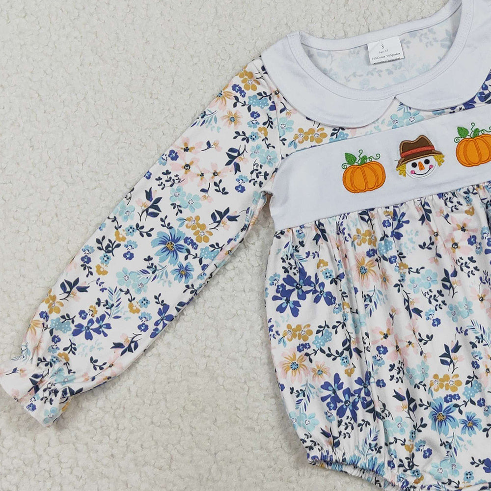 RTS NO MOQ (In stock)LR2246 Baby Girls Winter Rompers Embroidery Pumpkins Scarecrow Baby Girls Floral Ruffle Rompers