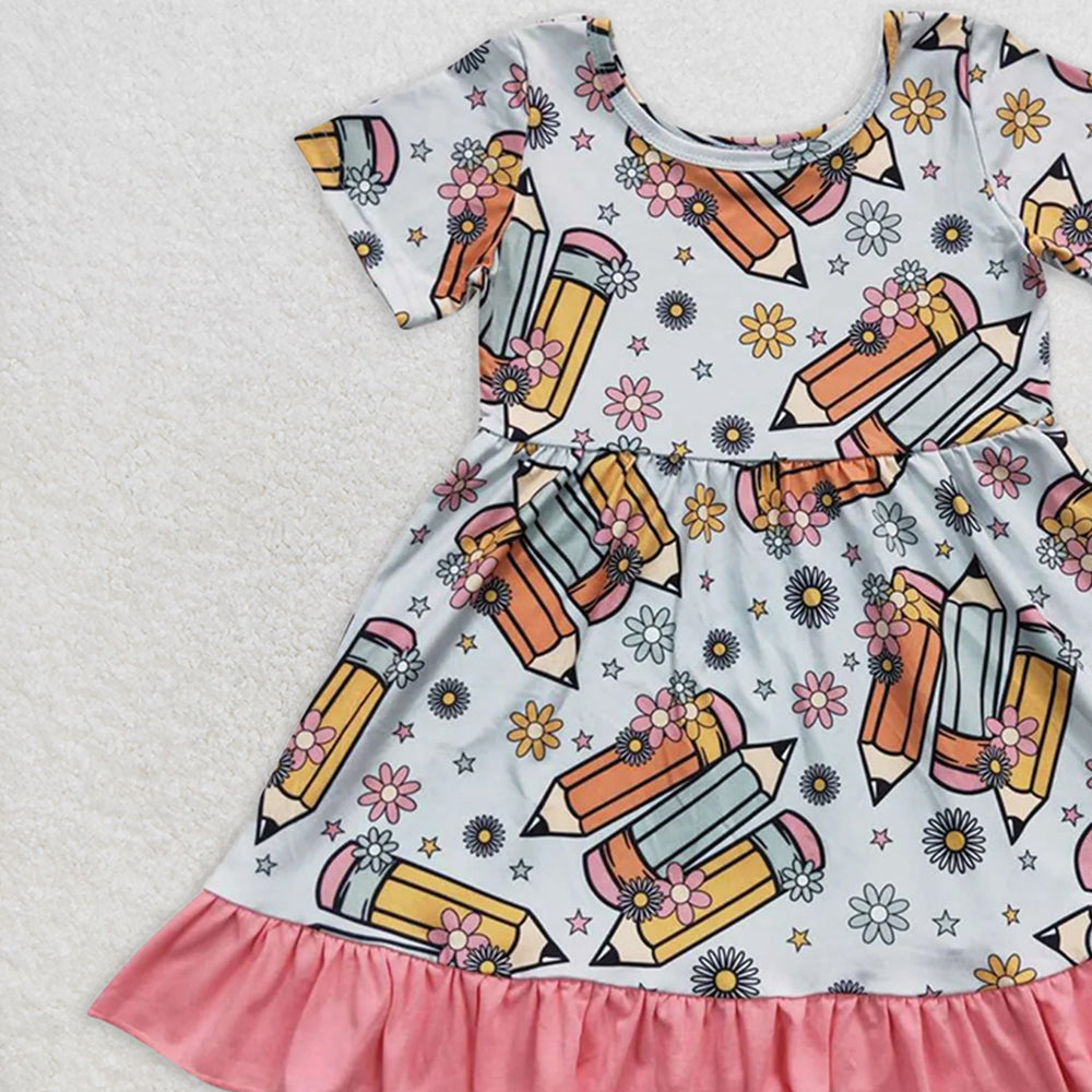 GSD0379 RTS NO MOQ Baby Girls Summer Dress Back to school pencil light blue pink hem short sleeve dress
