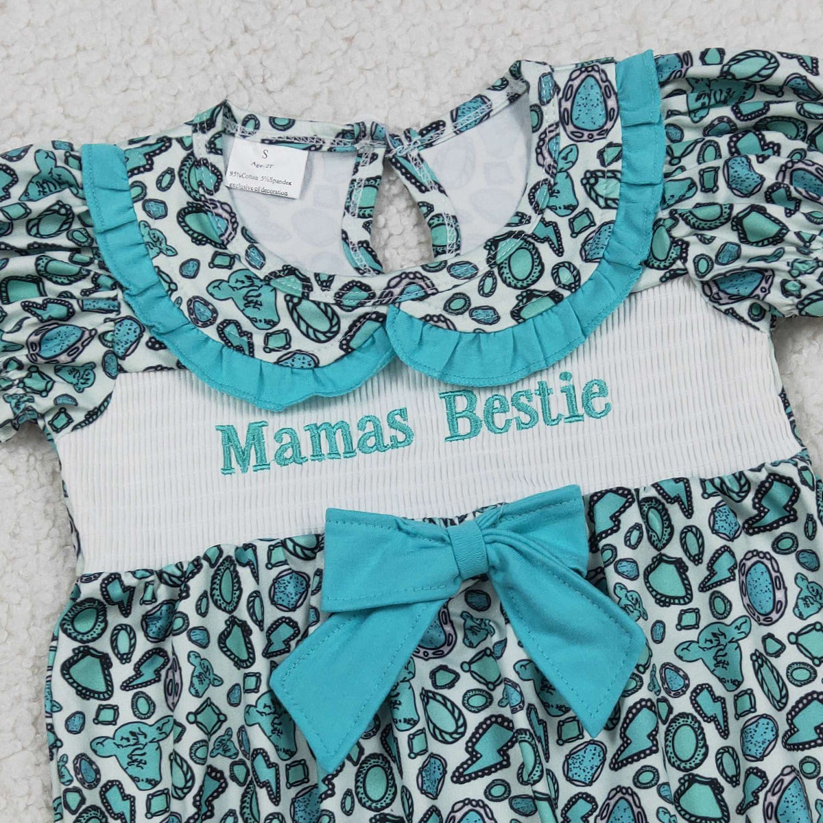 3.26 RTS NO MOQ (In stock)SR3863 Children's Fashion Romper Baby Girls Smocked Mama's Bestie Turquoises Collar Western Ruffle Rompers