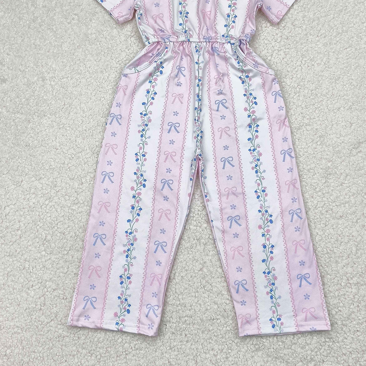 6.13 SR2941 RTS NO MOQ Baby Girls Summer Jumpsuits Baby Girls Pink Short Sleeves Bows Floral Pockets Jumpsuits