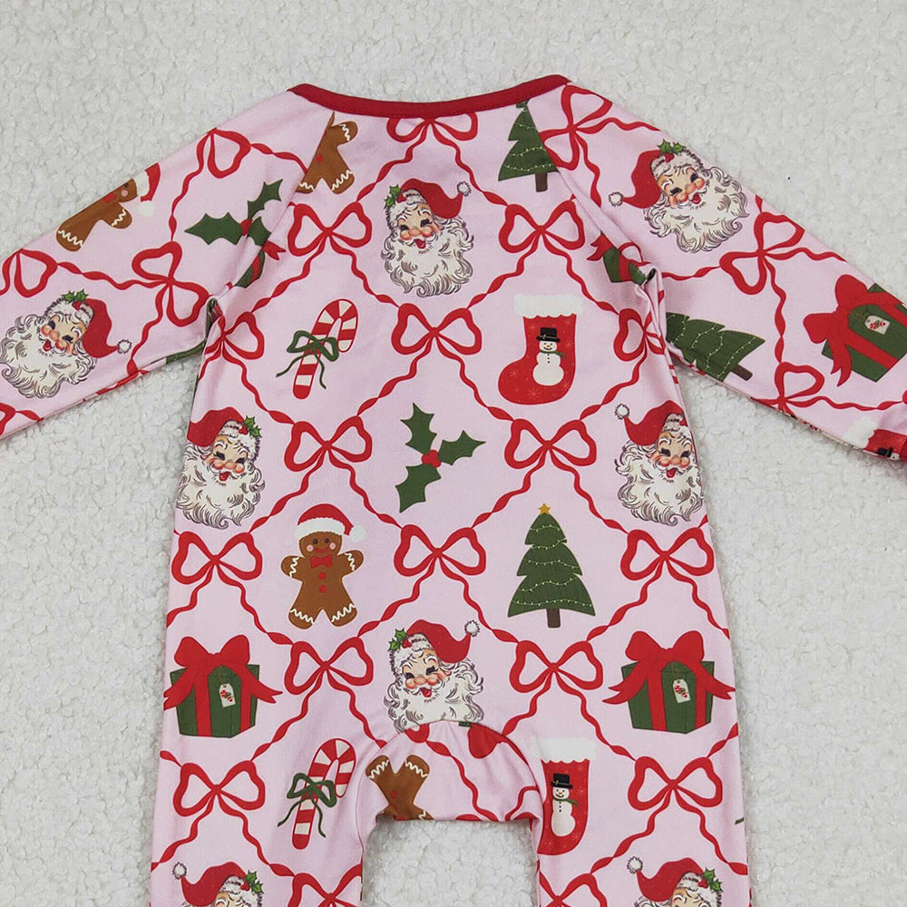 9.29 RTS NO MOQ (In stock)LR2632 Baby Girls Winter Rompers Baby Girls Red Bows Santa Gifts Checked Christmas Zipper Footie Rompers