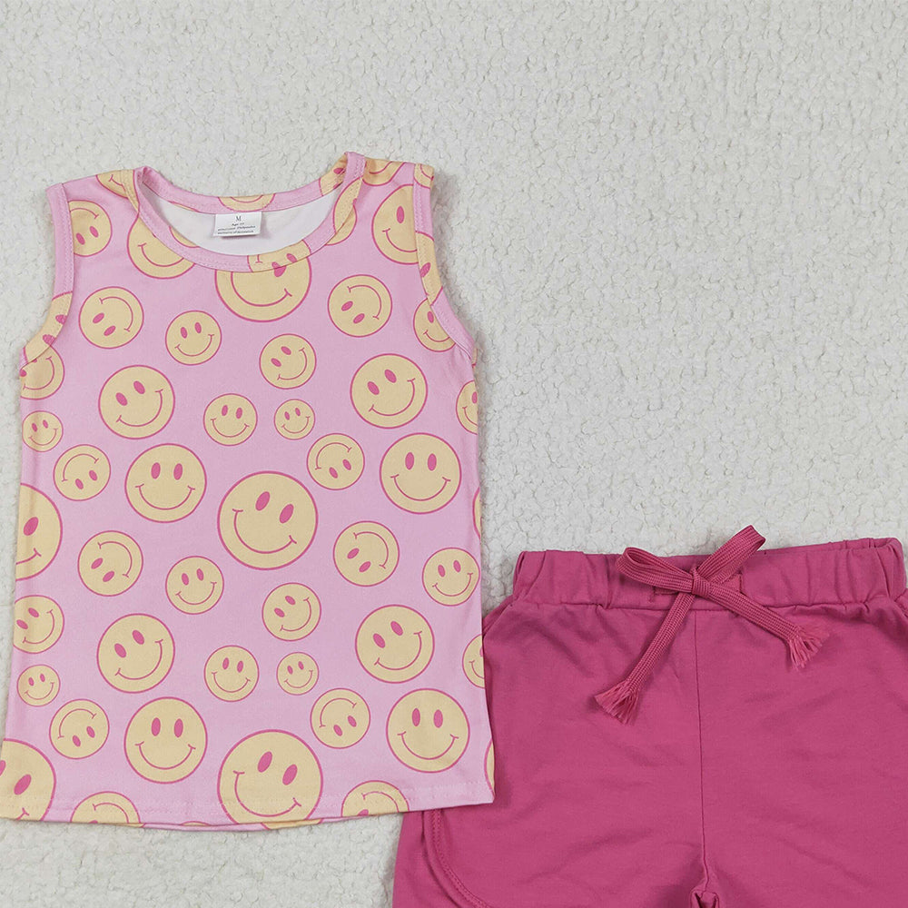 7.06 GSSO2605 RTS NO MOQ Baby Girls Summer Outfits Baby Girls Pink Sleeveless Smiles Top Pockets Short Set
