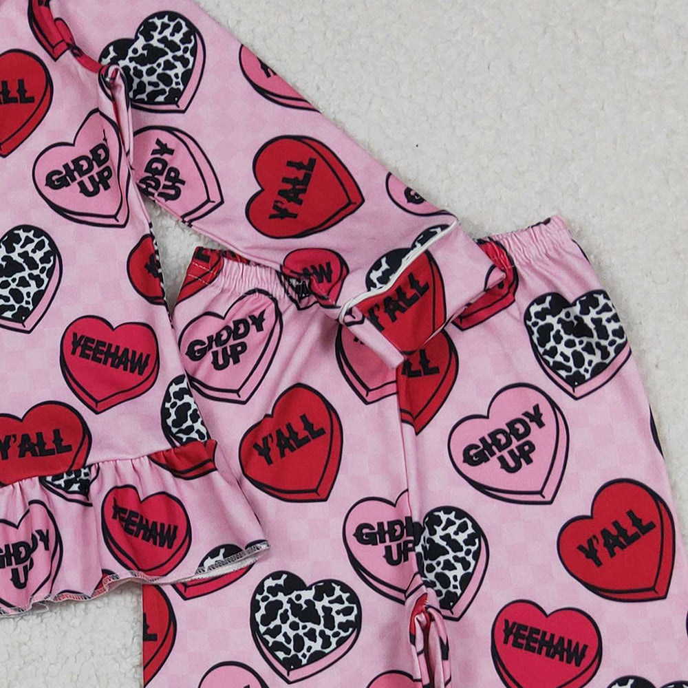 10.10 RTS NO MOQ (In stock)GLP2843 Baby Girls Winter Outfits Baby Girls Pink Checked Hearts Button Top Pants Valentine Pajamas Sets