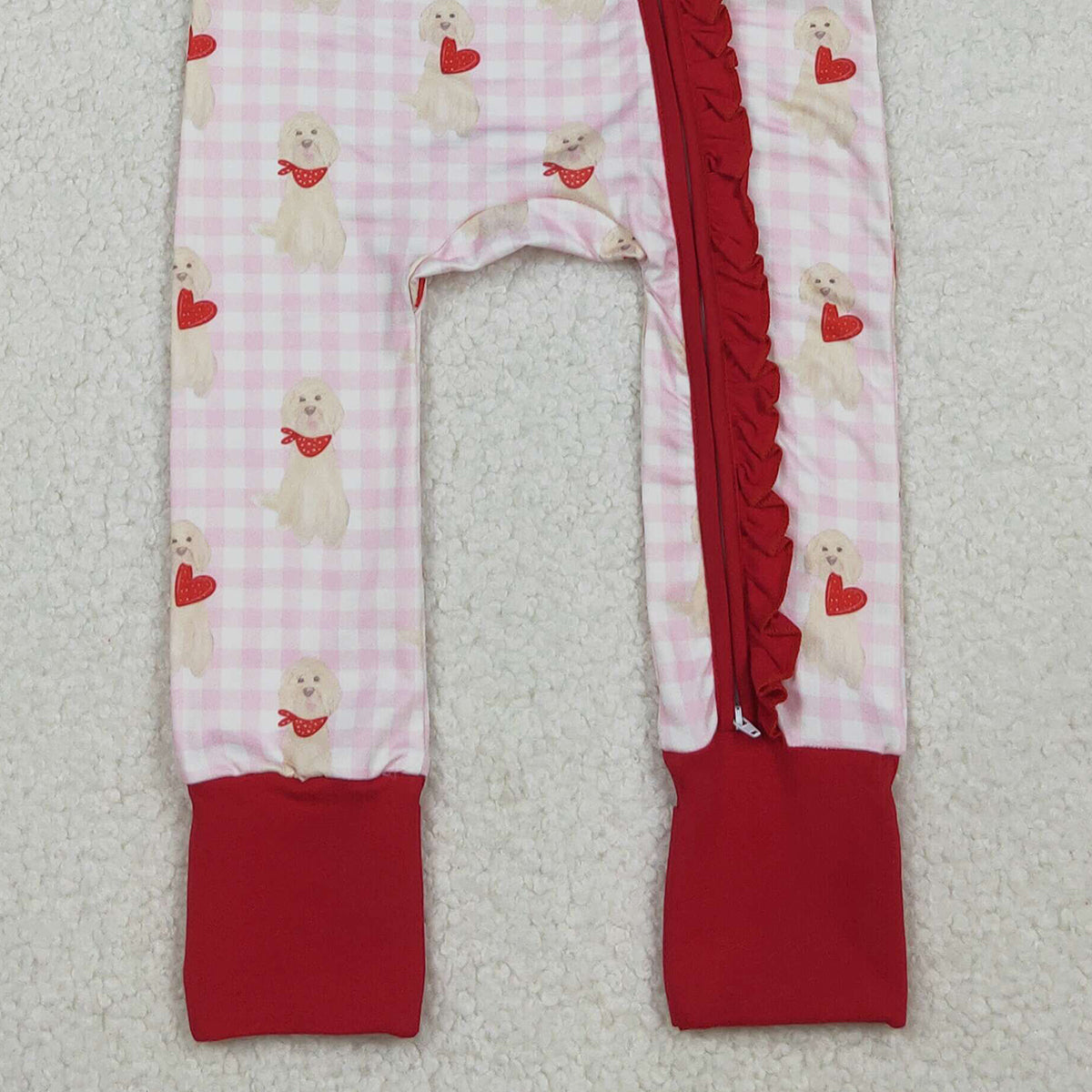 10.18 RTS NO MOQ (In stock)LR2681 Baby Girls Winter Rompers Baby Girls Pink Checked Dogs Hearts Valentine Ruffle Zipper Footie Romper