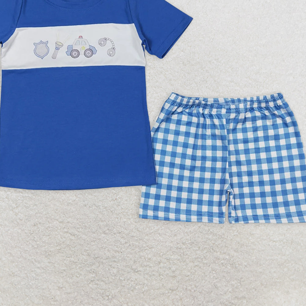 BSSO0665 RTS NO MOQBaby Boys Summer Boys Outfits Baby Boys Police Blue Shirt Shorts Outfits Clothes Sets