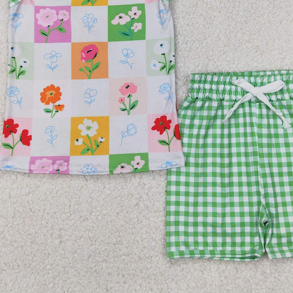 6.11 GSSO2415 RTS NO MOQ Baby Girls Summer Outfits Baby Girls Flowers Top Green Gingham Play Shorts Set