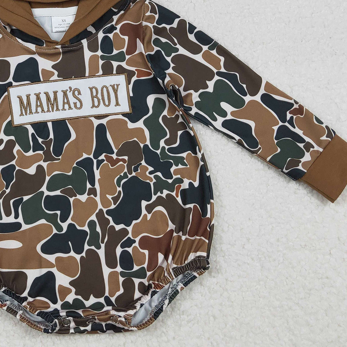 11.18 RTS NO MOQ (In stock)LR2796 Embroidery Mama's Boy Baby Boys Dark Brown Camo Hoodie Rompers