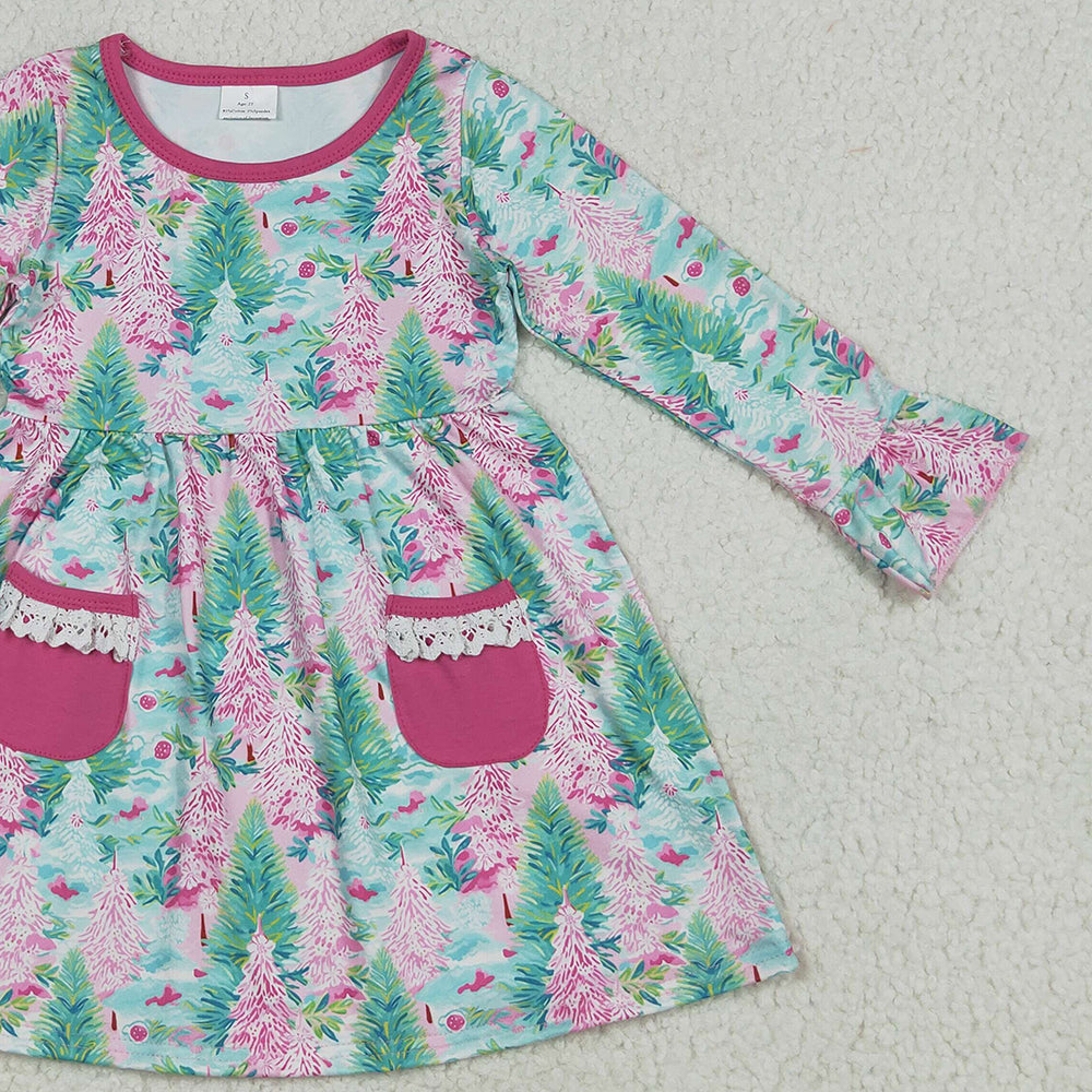 8.13 GLD1072RTS NO MOQ Baby Girls Winter Dress Baby Girls Long Ruffle Sleeves Trees Floral Pockets Knee Length Dress