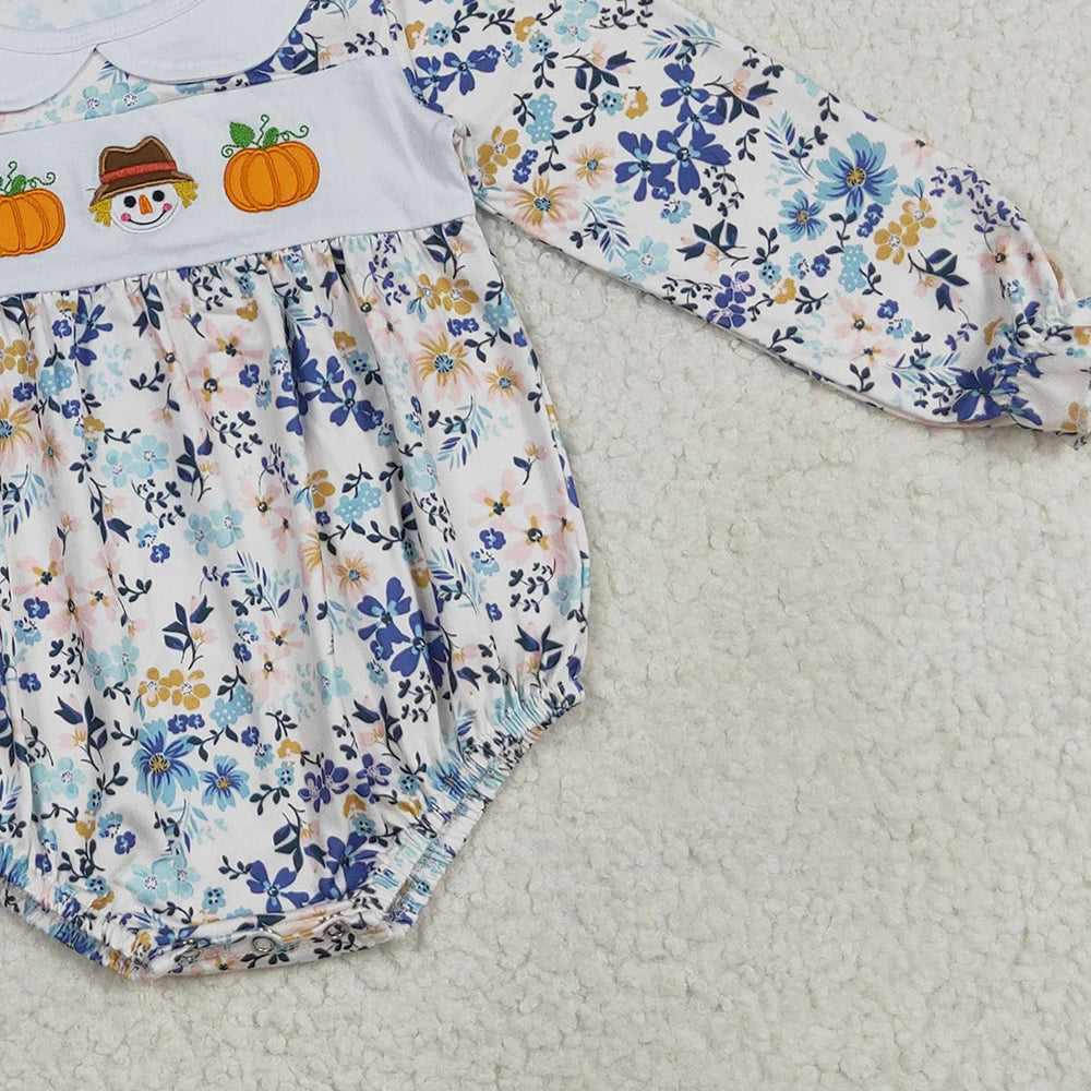 RTS NO MOQ (In stock)LR2246 Baby Girls Winter Rompers Embroidery Pumpkins Scarecrow Baby Girls Floral Ruffle Rompers