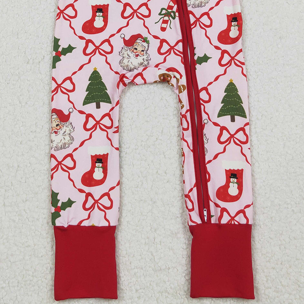 9.29 RTS NO MOQ (In stock)LR2632 Baby Girls Winter Rompers Baby Girls Red Bows Santa Gifts Checked Christmas Zipper Footie Rompers