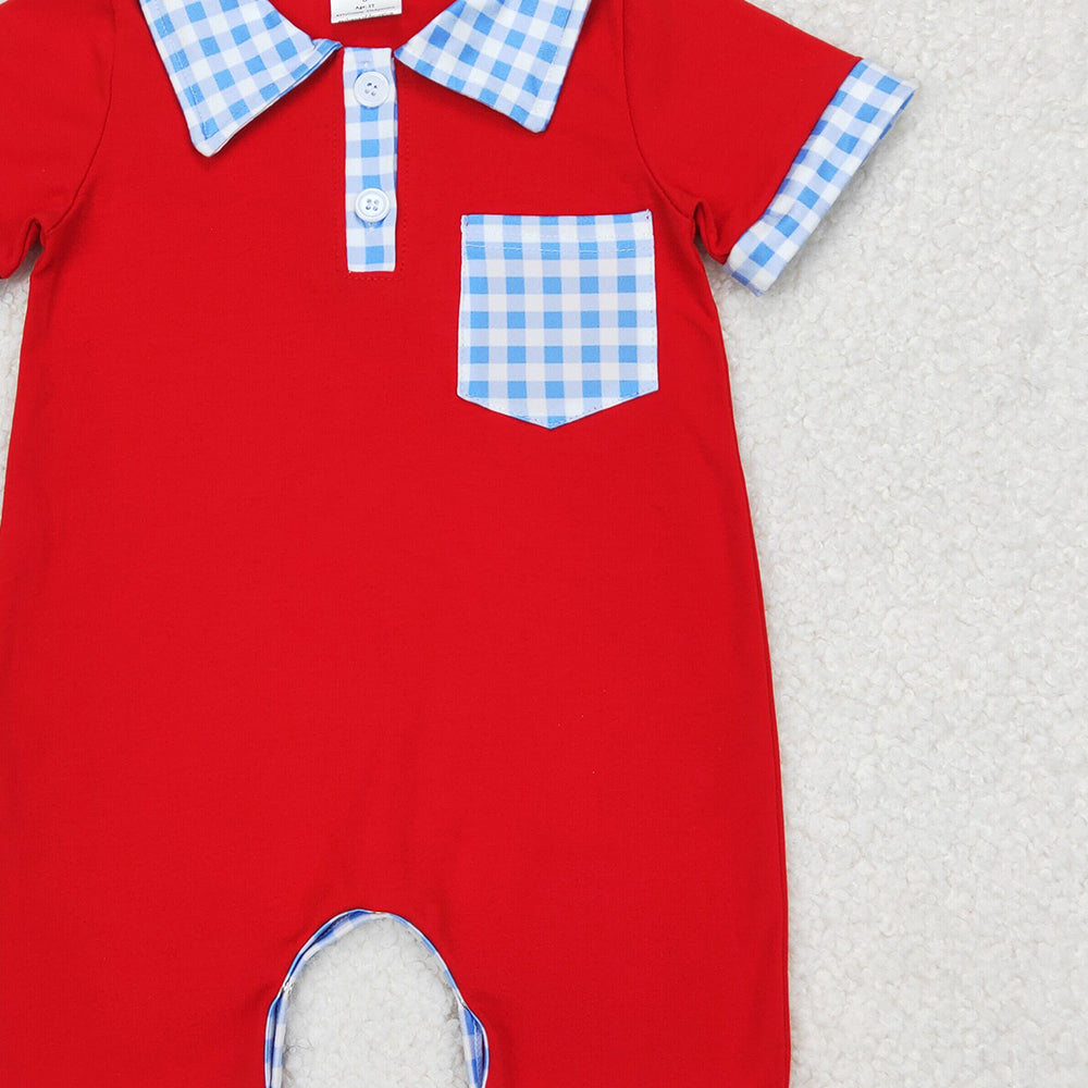 4.14 SR2352 RTS NO MOQ Blue plaid pocket red baby boy polo romper