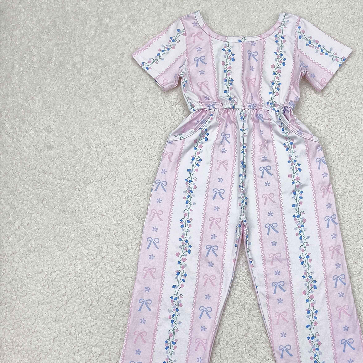 6.13 SR2941 RTS NO MOQ Baby Girls Summer Jumpsuits Baby Girls Pink Short Sleeves Bows Floral Pockets Jumpsuits