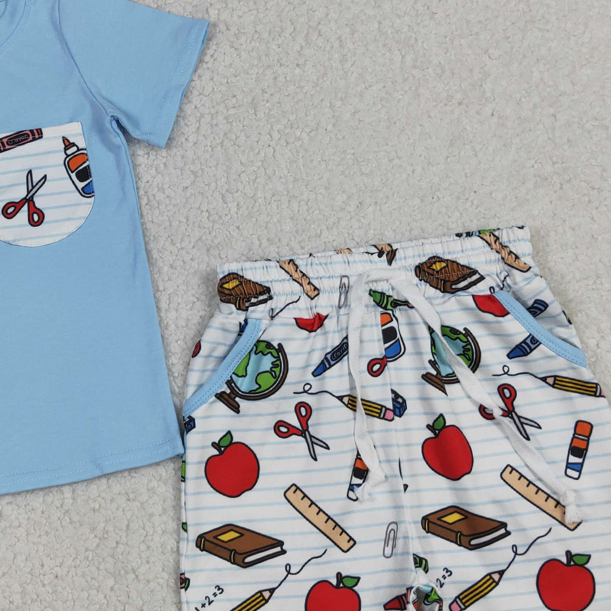 4.7 BSSO1921 RTS NO MOQ (In stock )Baby Boys Apples Pencils Top Pockets Shorts Back to School Clothes Sets