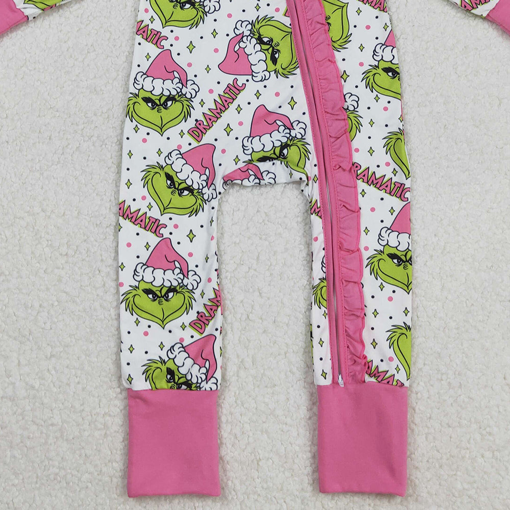 RTS NO MOQ (In stock)LR2495 Baby Girls Winter Rompers Baby Girls Green Faces Stars Plaid Ruffle Zipper Christmas Rompers
