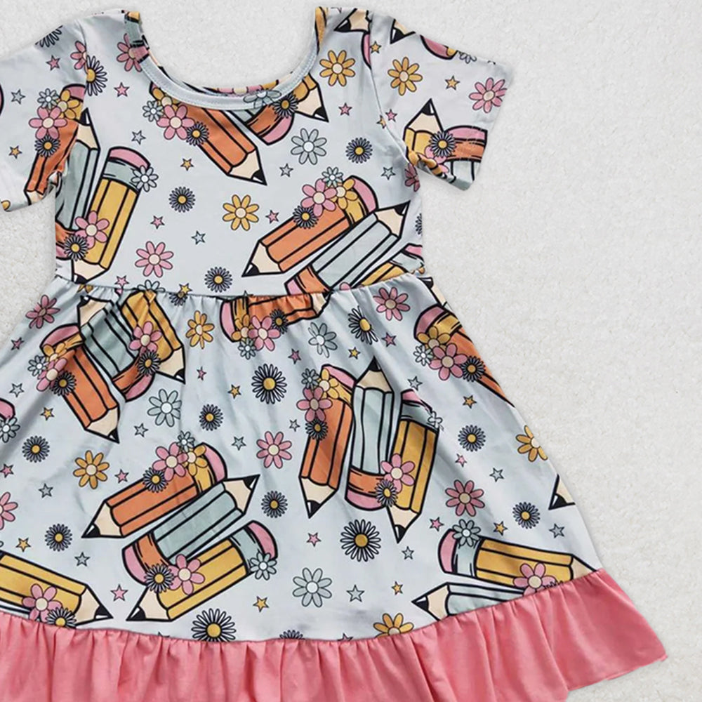 GSD0379 RTS NO MOQ Baby Girls Summer Dress Back to school pencil light blue pink hem short sleeve dress