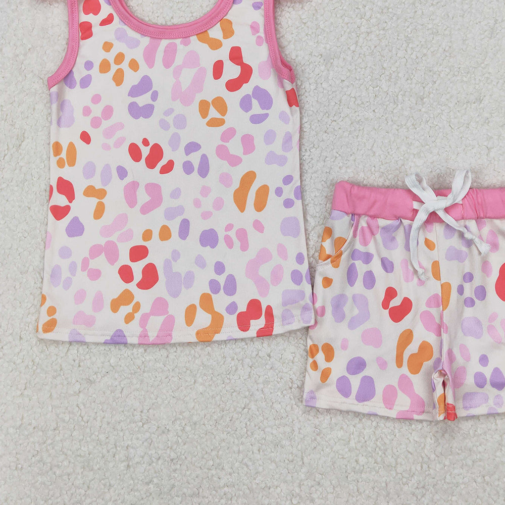 4.17 GSSO2081 RTS NO MOQ Colorful leopard print rose red sleeveless shorts set