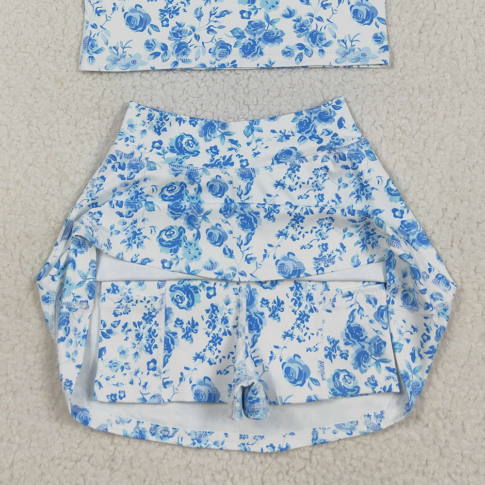 8.23 RTS NO MOQ (In stock)GSD2787 Baby Girls Yoga Outfits Baby Girls Blue Flowers Print Vest Top Shorts Skirts Yoga Activity Set