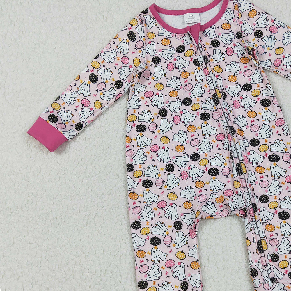 RTS NO MOQ (In stock)LR2506 Baby Girls Winter Rompers Halloween Footed Rompers Ghosts Pumpkins Design with Zipper for Infant Girls' Halloween Costume Clothing