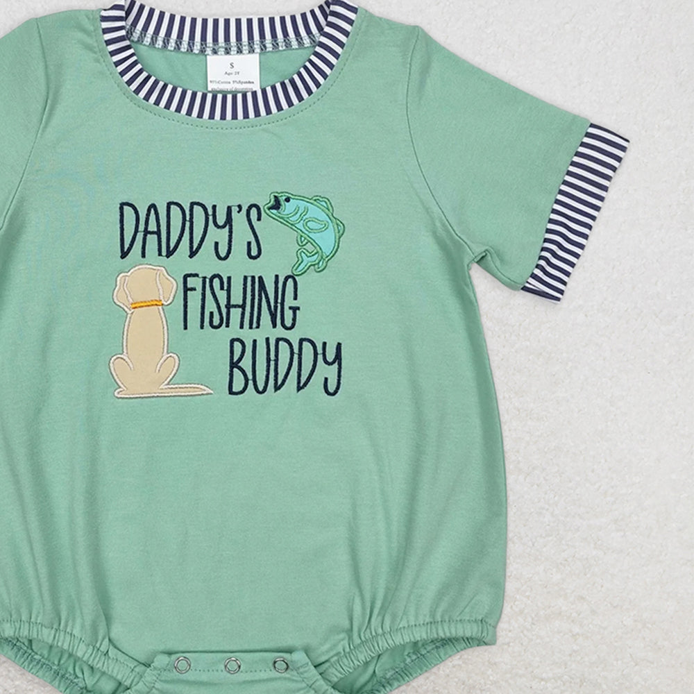 SR2336RTS NO MOQ Baby Boys Summer Rompers Green short sleeves daddy's fishing buddy baby boy romper
