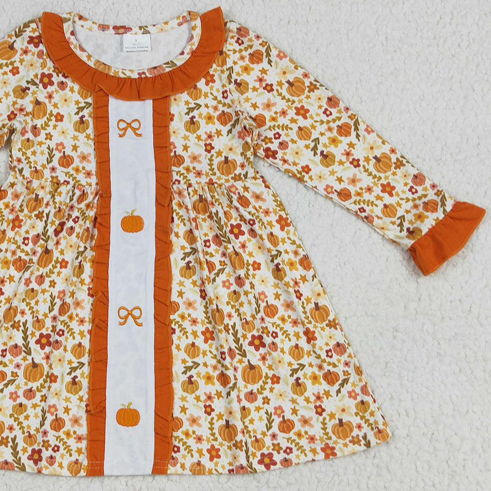 8.16 GLD1058RTS NO MOQ Baby Girls Winter Dress Embroidery Baby Girls Long Ruffle Sleeves Bows Pumpkins Flowers Knee Length Dresses