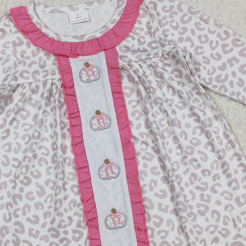 RTS NO MOQ (In stock)GLD1054 Baby Girls Winter Dress Embroidery Pumpkins Baby Girls Pink Leopard Fall Knee Length Dresses