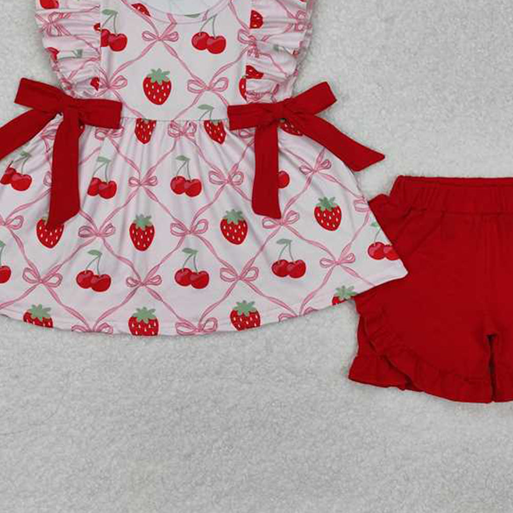 4.30 GSSO1640 RTS NO MOQ Baby Girls Pink Flutter Sleeves Bows Strawberry Print Tunic Ruffle Shorts Set