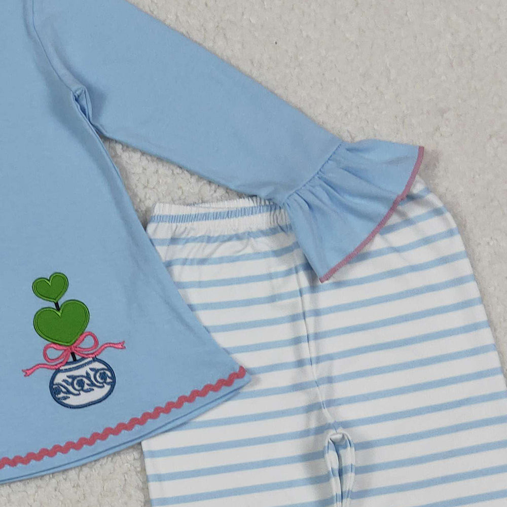 RTS NO MOQ (In stock)GLP2465 Baby Girls Winter Outfits Embroidery Bows Plants Blue Tunic Stripe Legging Sets