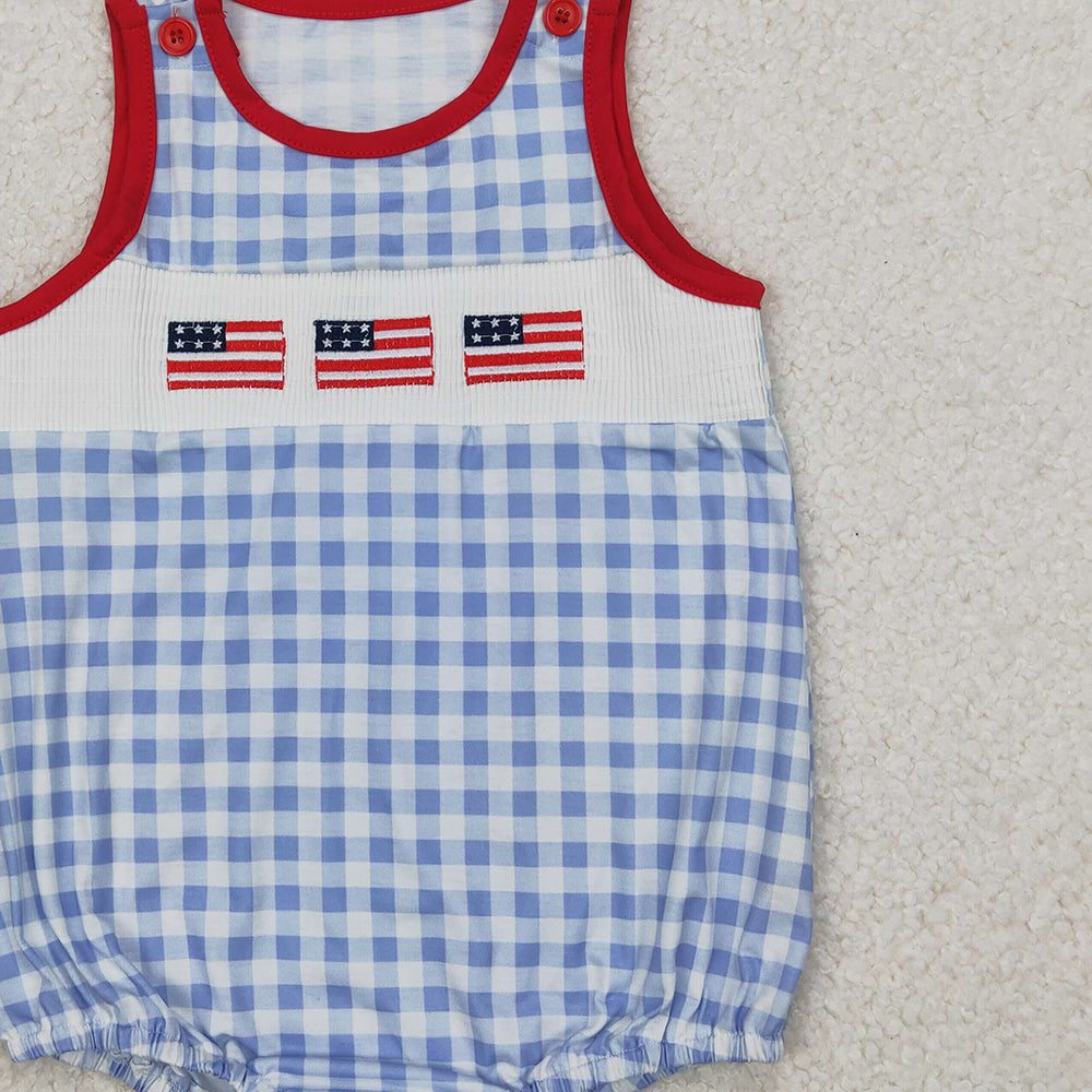 4.10 SR2572 RTS NO MOQ Baby Boys Summer Romper Baby Boys Gray Plaid Sleeveless Flags 4th Of July Smocked Romper