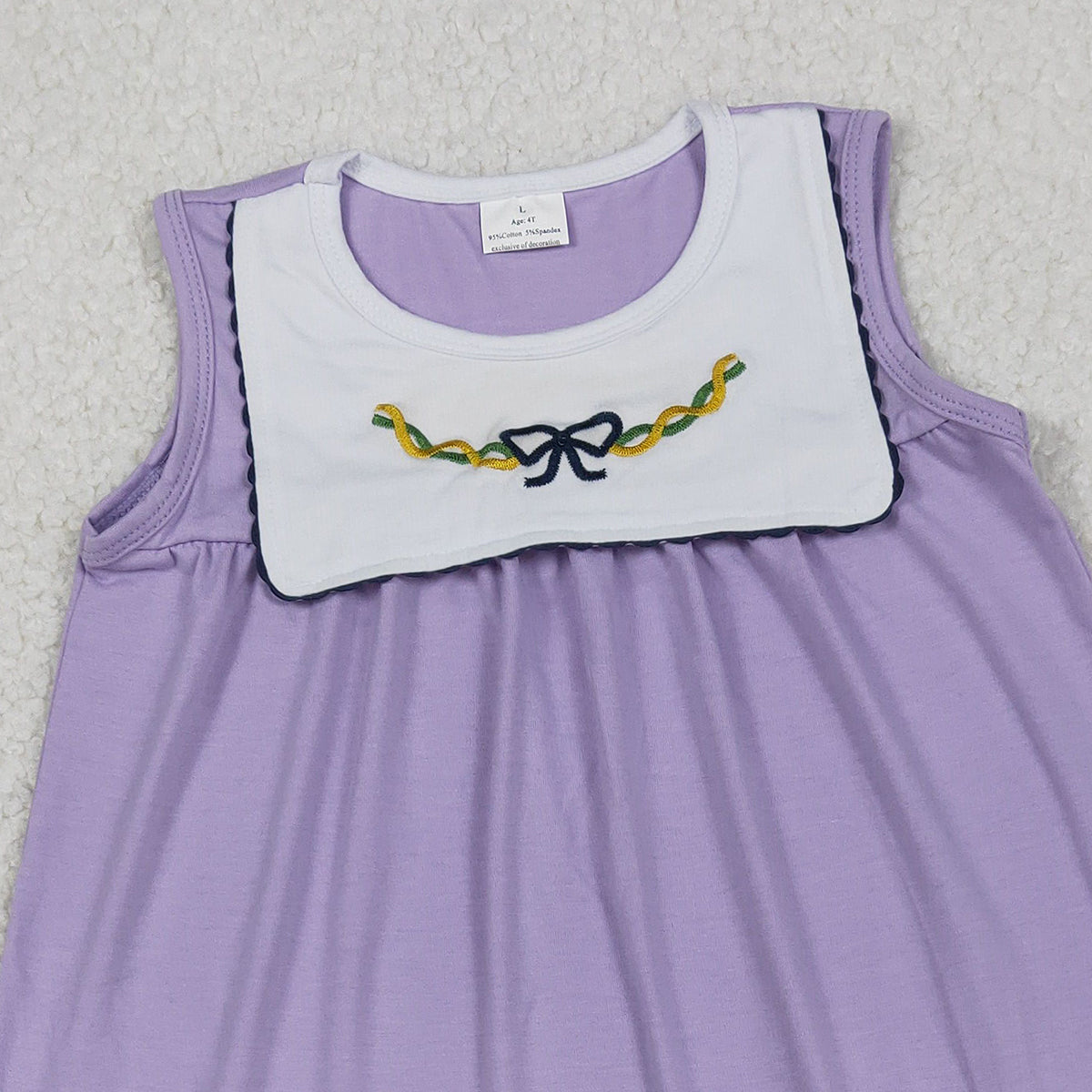 11.3 RTS NO MOQ (In stock)GSD2832 Embroidery Bows Baby Girls Sleeveless Mardigras Knee Length Dresses