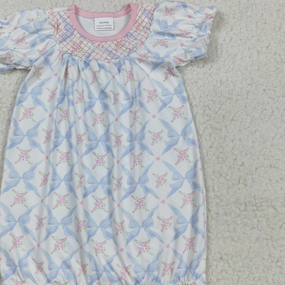 5.13 NB0045 RTS NO MOQ Baby Girls Pajamas Embroidery Baby Newborn Bows Floral Long Ruffle Sleeves Gowns