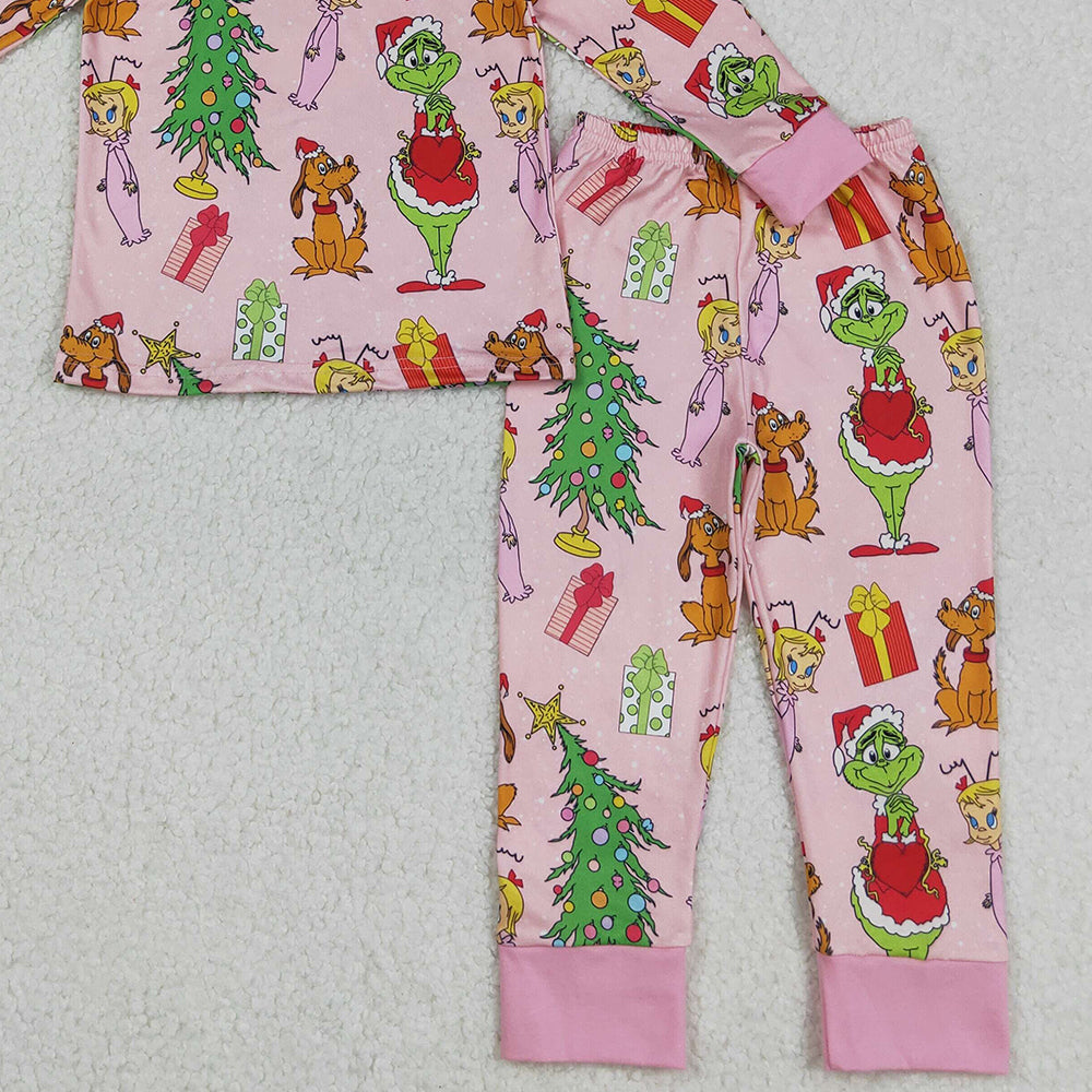 RTS NO MOQ (In stock)GLP2591 Baby Girls Winter Outfits Christmas Face Trees Gifts Top Pants Pajamas Sets