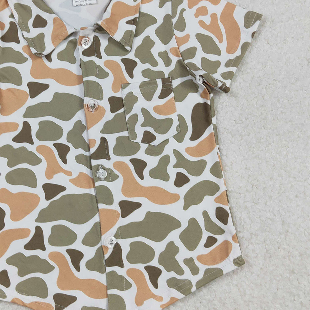 RTS NO MOQ (In stock)BT1312 Baby Boys Shorts Sleeve Tops Western Green Khaki Camouflage Button Pocket Shirt Top for Infants