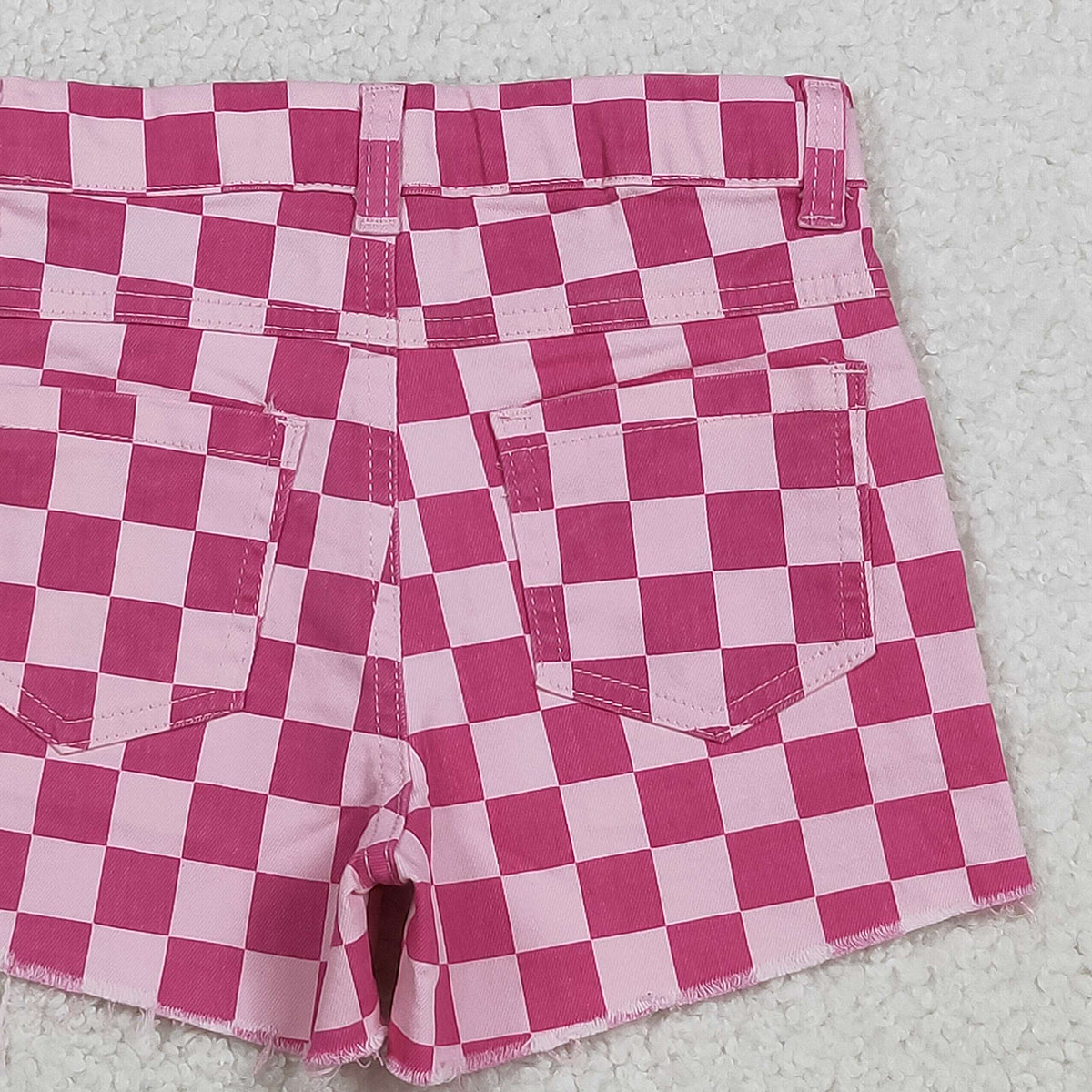 12.13 RTS NO MOQ (In stock)SS0764 Baby Girls Summer Shorts Baby Girls Pink Checked Pockets Denim Shorts Bottom