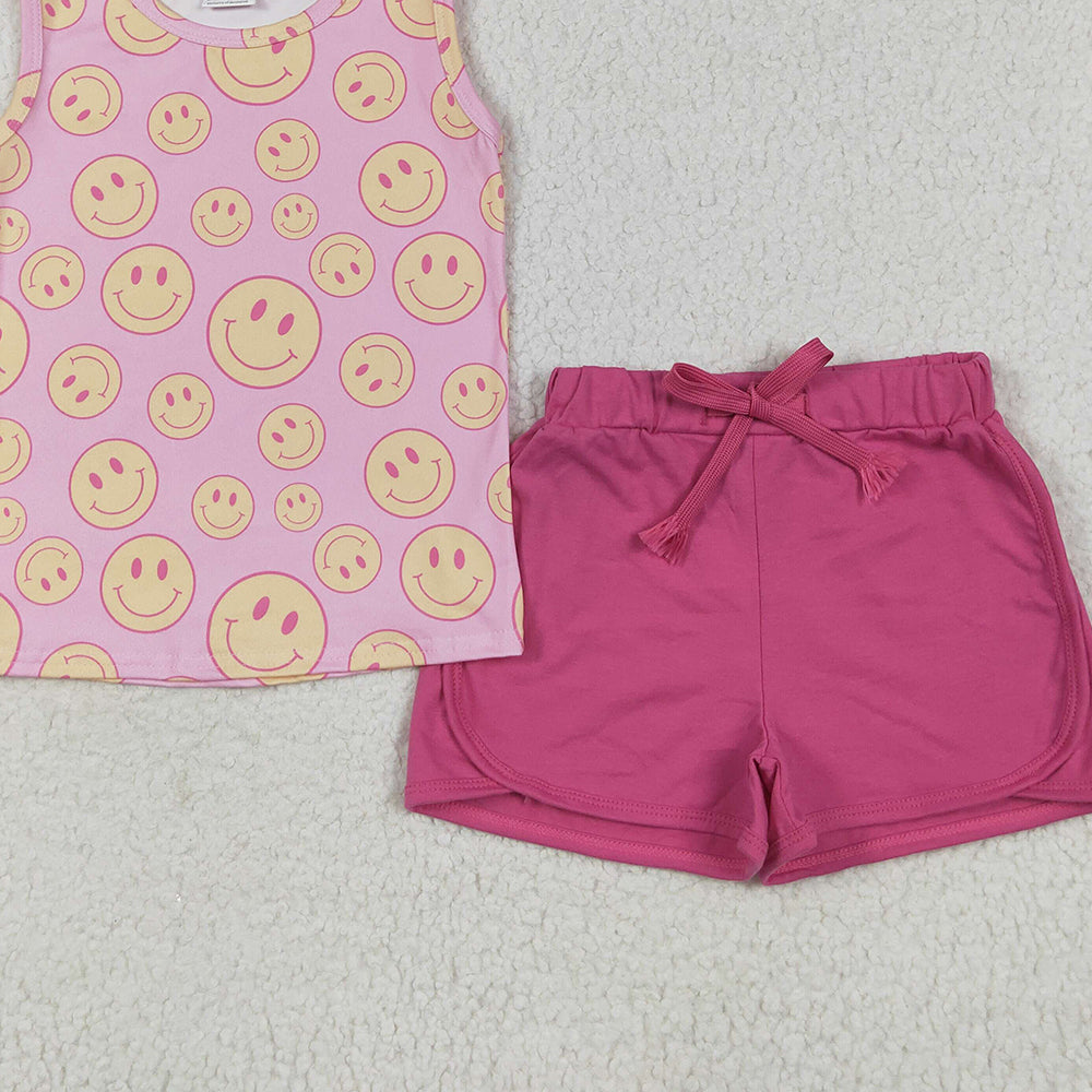 7.06 GSSO2605 RTS NO MOQ Baby Girls Summer Outfits Baby Girls Pink Sleeveless Smiles Top Pockets Short Set