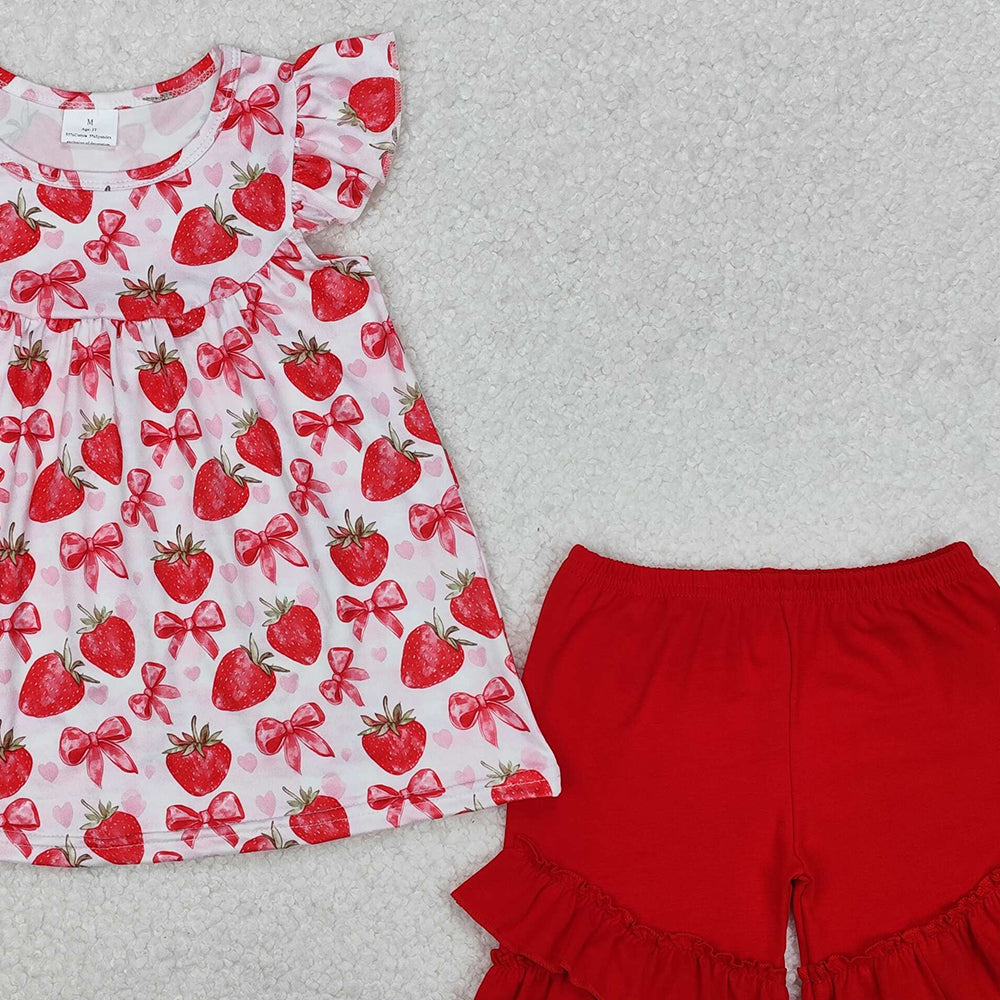 GSSO1902RTS NO MOQ Baby Girls Summer Outfits By Air Arrived it Flutter sleeves bow strawberry tunic shorts girls clothes