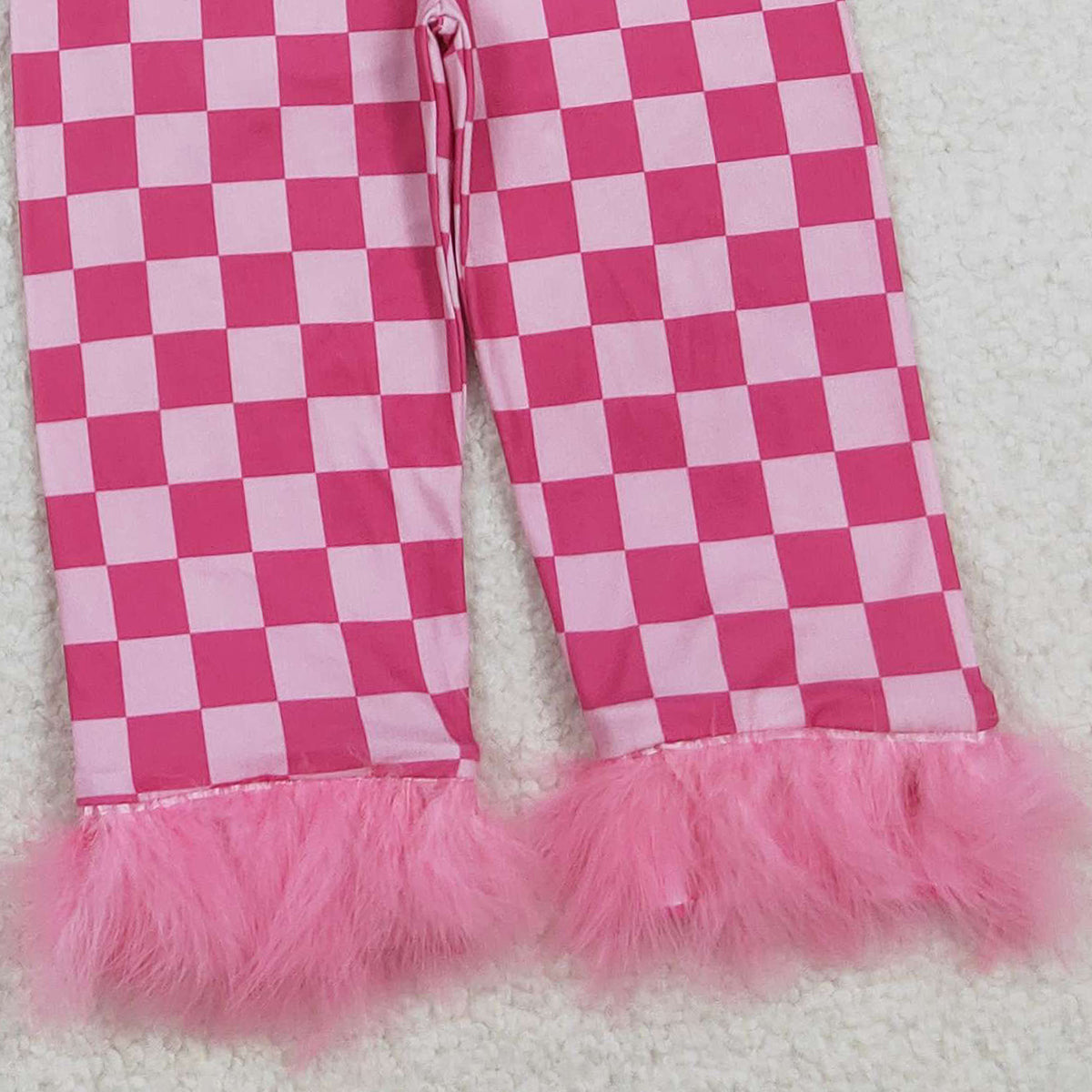 10.14 RTS NO MOQ (In stock)GLP1256 Baby Girls Dark Pink Checkered Buttons Top Pants Fur Pajamas Clothes Sets