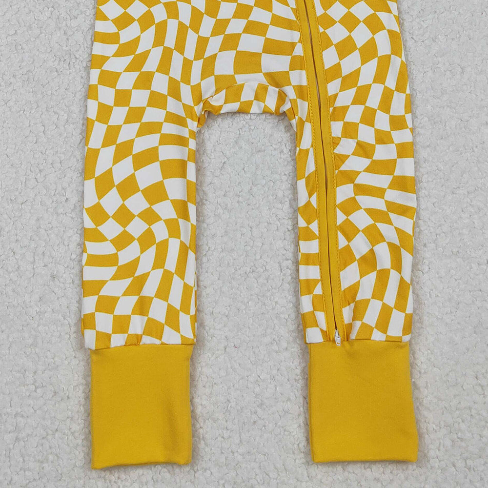 10.1 RTS NO MOQ (In stock)LR1089 Baby Boys Winter Rompers Baby Infant Boys Yellow Checkered Zip Footie Long Sleeve Rompers
