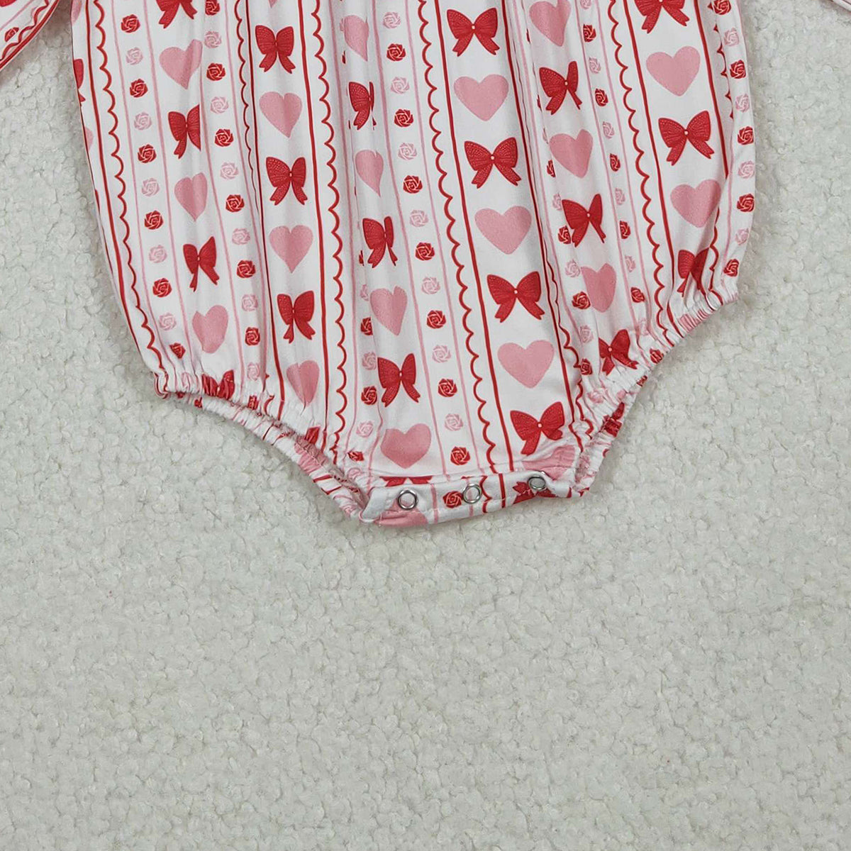 10.17 RTS NO MOQ (In stock)LR2696 Baby Girls Winter Rompers Embroidery Bows Hearts Baby Girls Stripe Valentine Ruffle Rompers
