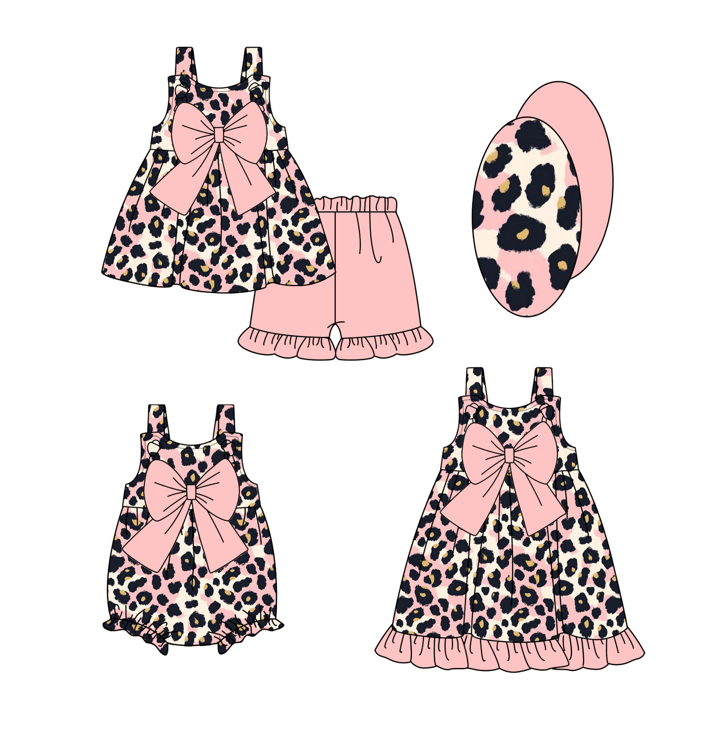 Girls Leopard Pink Bow Tunic Ruffle Shorts Set Straps Cute Animal Print Outfit for Kids