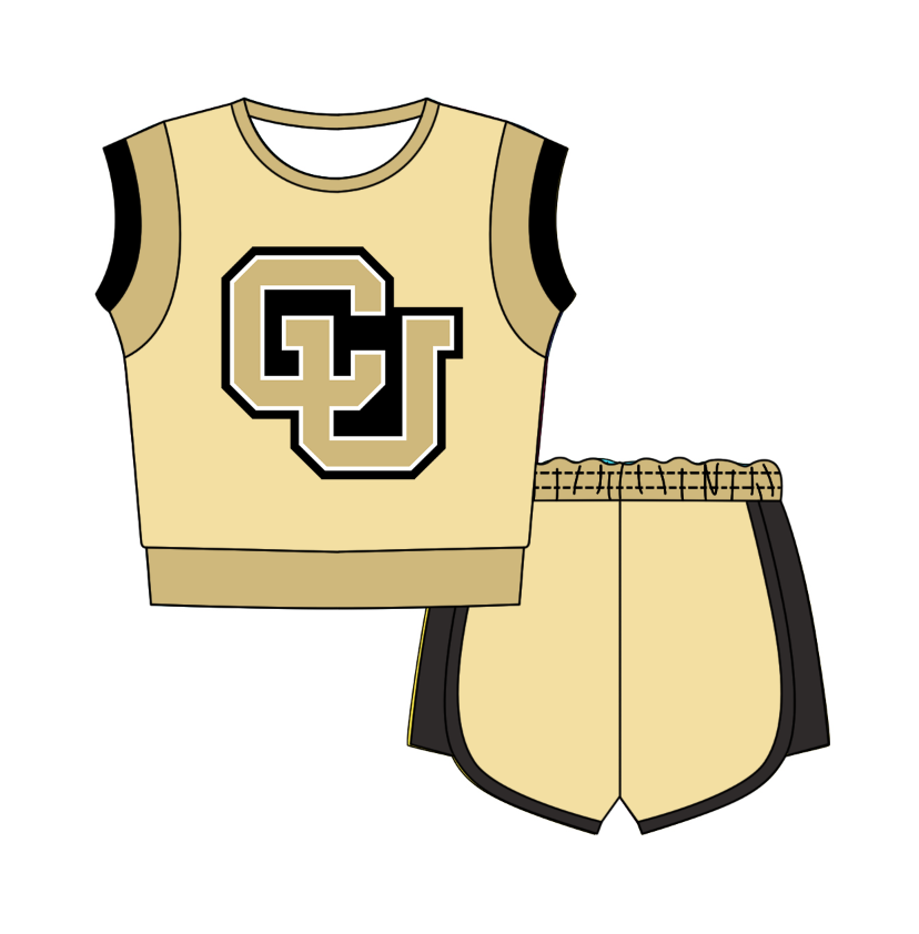 CUSTOM MOQ 5 Cute Comfortable Clothing For Kids Baby Kids Summer Beige CU Sleeveless Patchwork Top Lace-up Shorts Clothes Sets