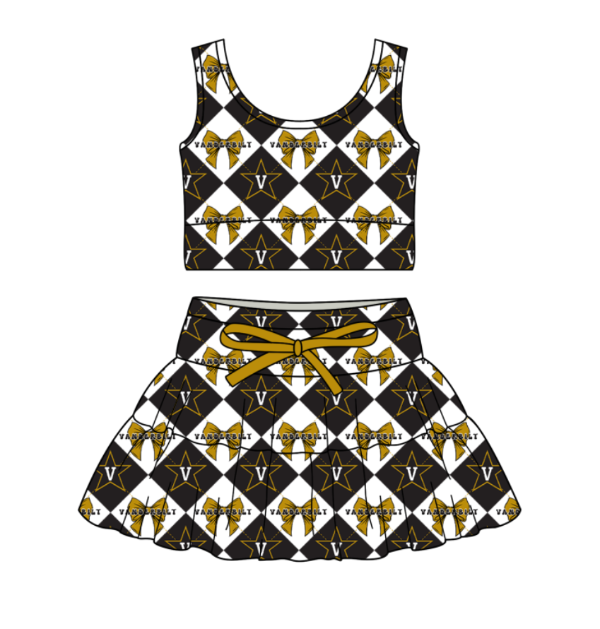 CUSTOM MOQ 5 Baby Girl Clothes Khaki Bow Plaid Top Skirts Yoga Active Team Clothes Sets