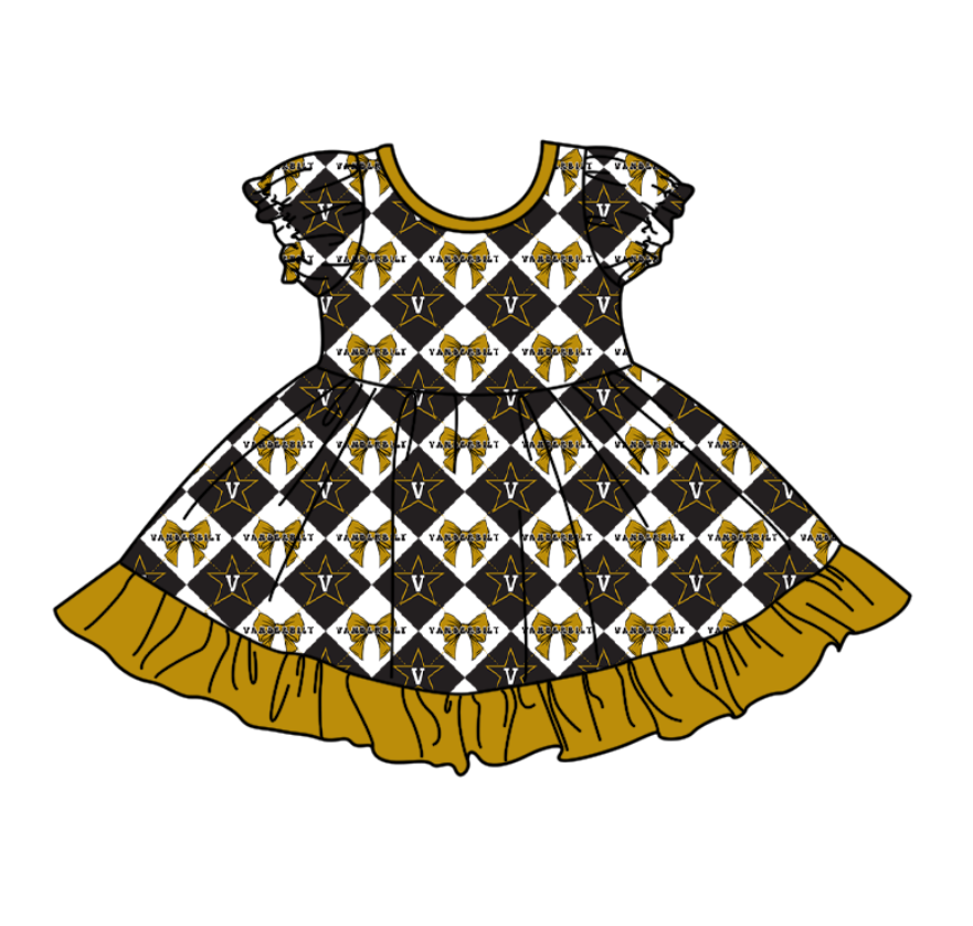 CUSTOM MOQ 5 Baby Girl Khaki Bow Plaid Short Sleeve Team Knee Length Dresses