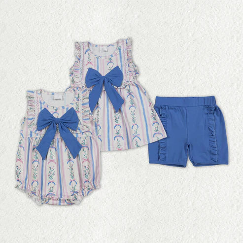 10.16 RTS Sibling Bows Baby Girls Flowers Bows Stripes Tunic Ruffle Shorts Clothes Ruffle Rompers