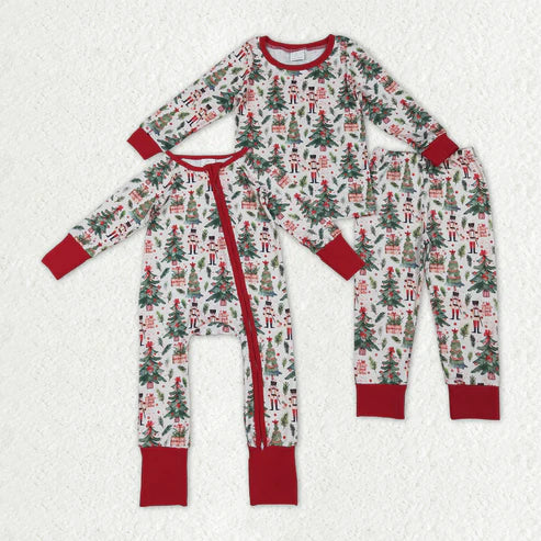 10.11 RTS Sibling Baby Boys Christmas Trees Soldiers Gifts Top Pants Pajamas Sets Zipper Footie Rompers