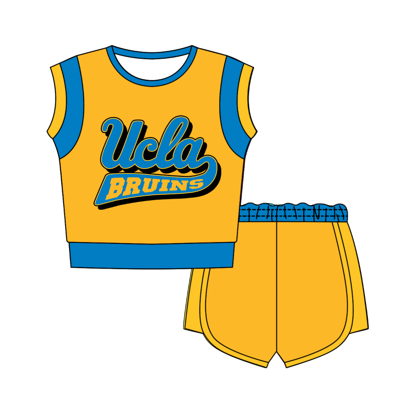 CUSTOM MOQ 5 Cute Comfortable Clothing For Kids Baby Kids Summer Golden Blue Brown Sleeveless Patchwork Top Lace-up Shorts Clothes Sets