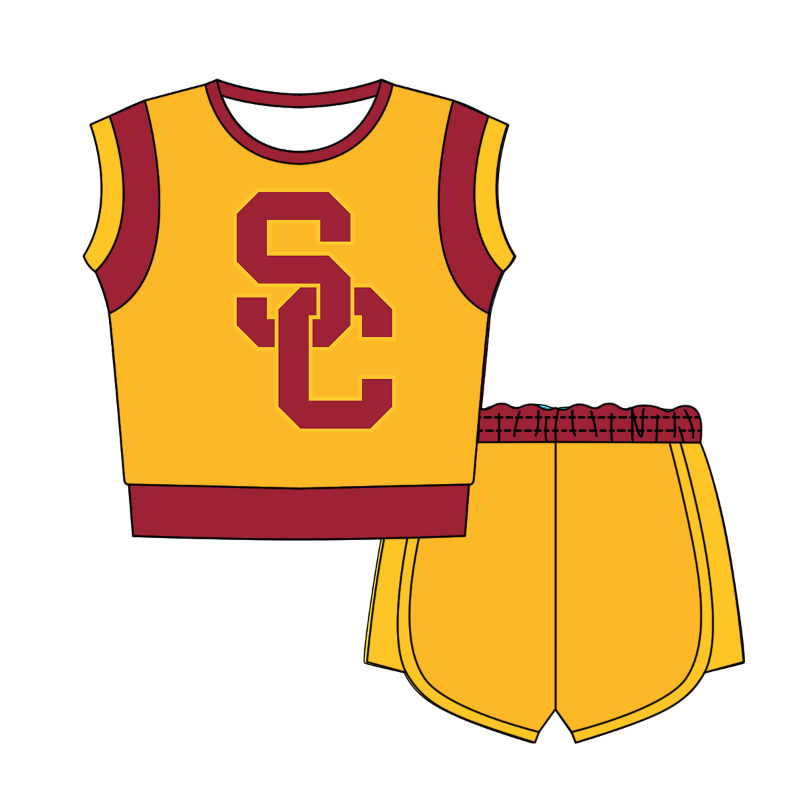 CUSTOM MOQ 5 Cute Comfortable Clothing For Kids Baby Kids Summer Golden SC Sleeveless Patchwork Top Lace-up Shorts Clothes Sets