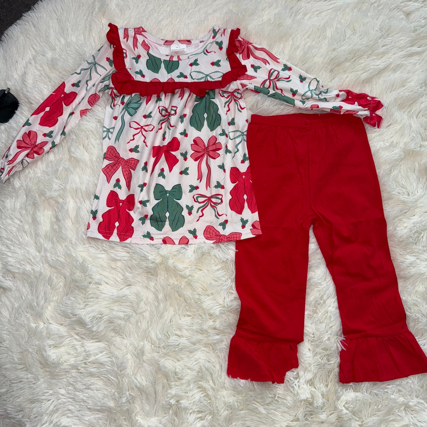 11.5 RST LP2346 Baby Girls Christmas Red Green Bows Tunic Ruffle Pants Sets